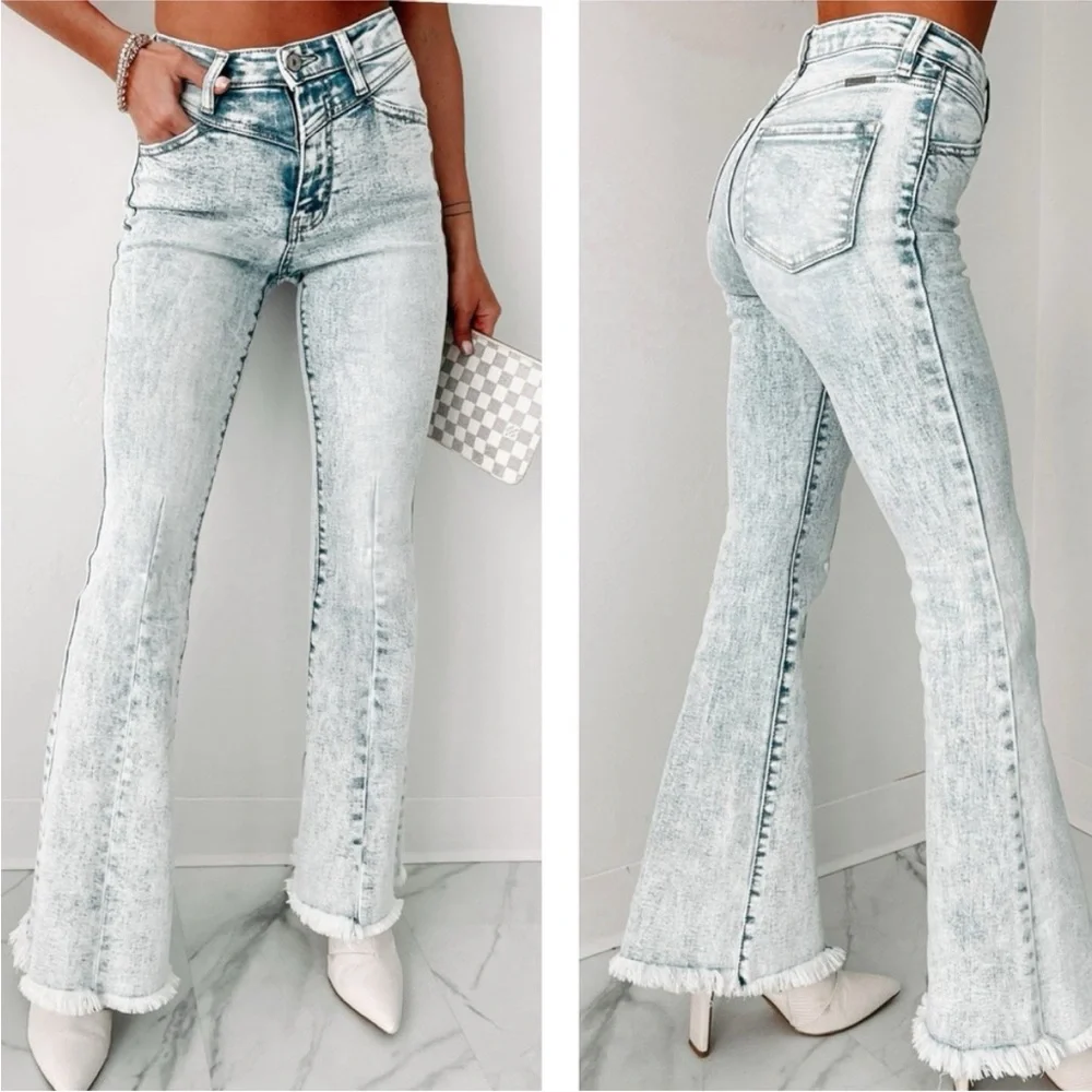 Kancan light wash acid wash high rise flare boho bohemian raw hem denim jeans - Picture 13 of 13